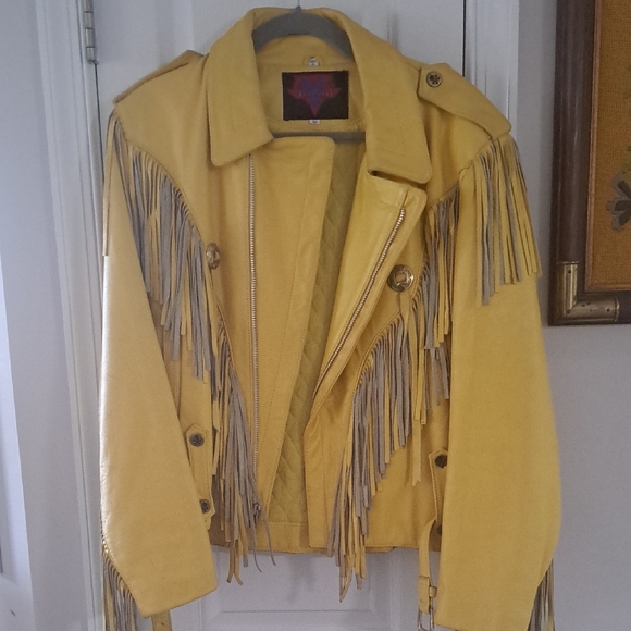 Yellow Fringe Leather Jacket - Picture 1 of 9